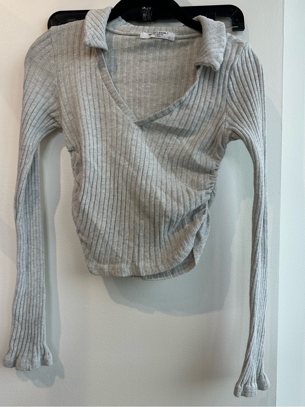 Project Social T Light Gray Ribbed Wrap Long Sleeve Top